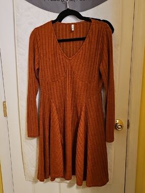 HALARA Ribbed Long-Sleeve Fit & Flare Dress in Rust